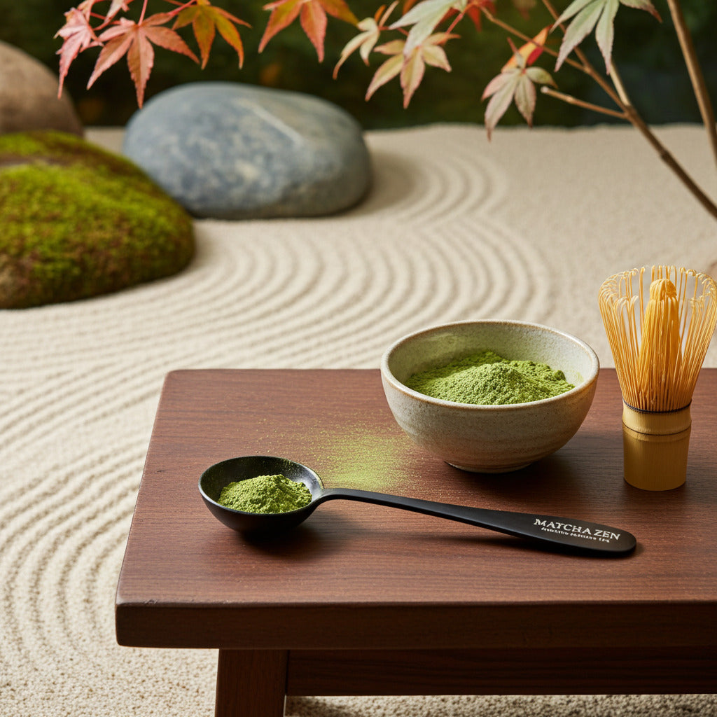 Cuchara medidora de matcha en escena zen con bol y batidor chasen