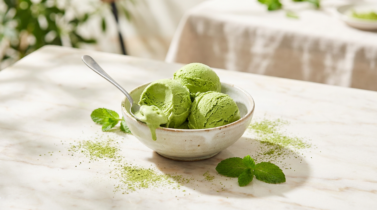 Tres bolas de helado de matcha casero en un bol de ceramica
