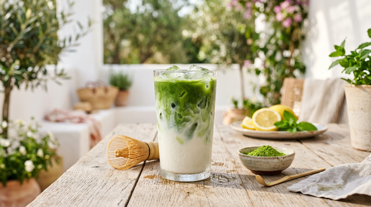 Iced matcha latte en vaso de cristal con hielo y cascada de matcha sobre leche de avena