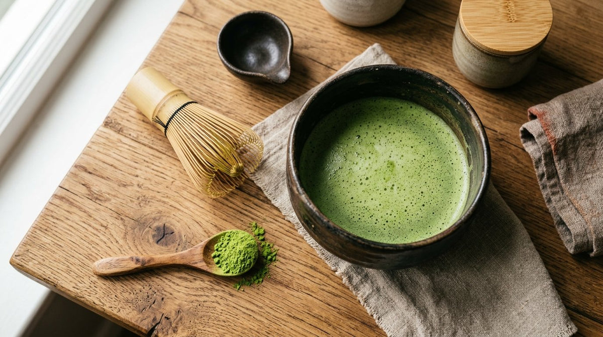 Cuenco de matcha recien batido junto a un batidor de bambu y polvo verde sobre una cuchara de madera