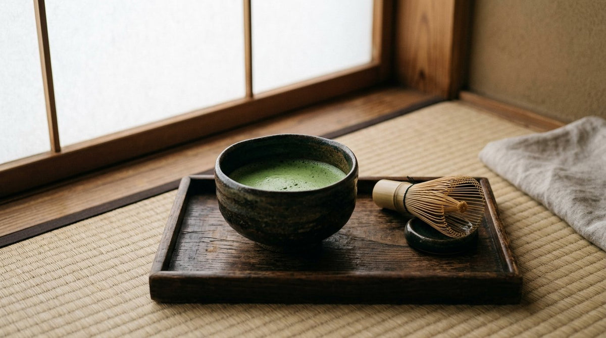Cuenco de matcha sobre una bandeja de madera junto a un batidor de bambu, ambiente sereno
