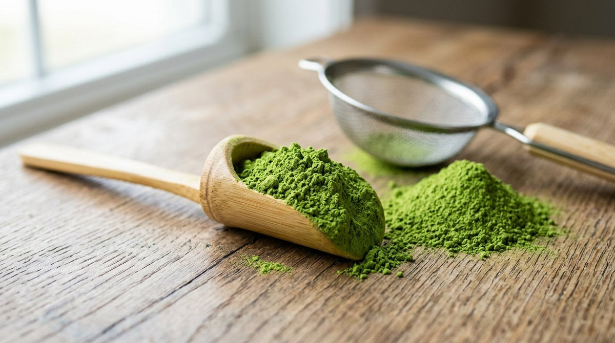 Cuchara de bambu colmada de matcha en polvo junto a un tamiz fino sobre mesa de roble