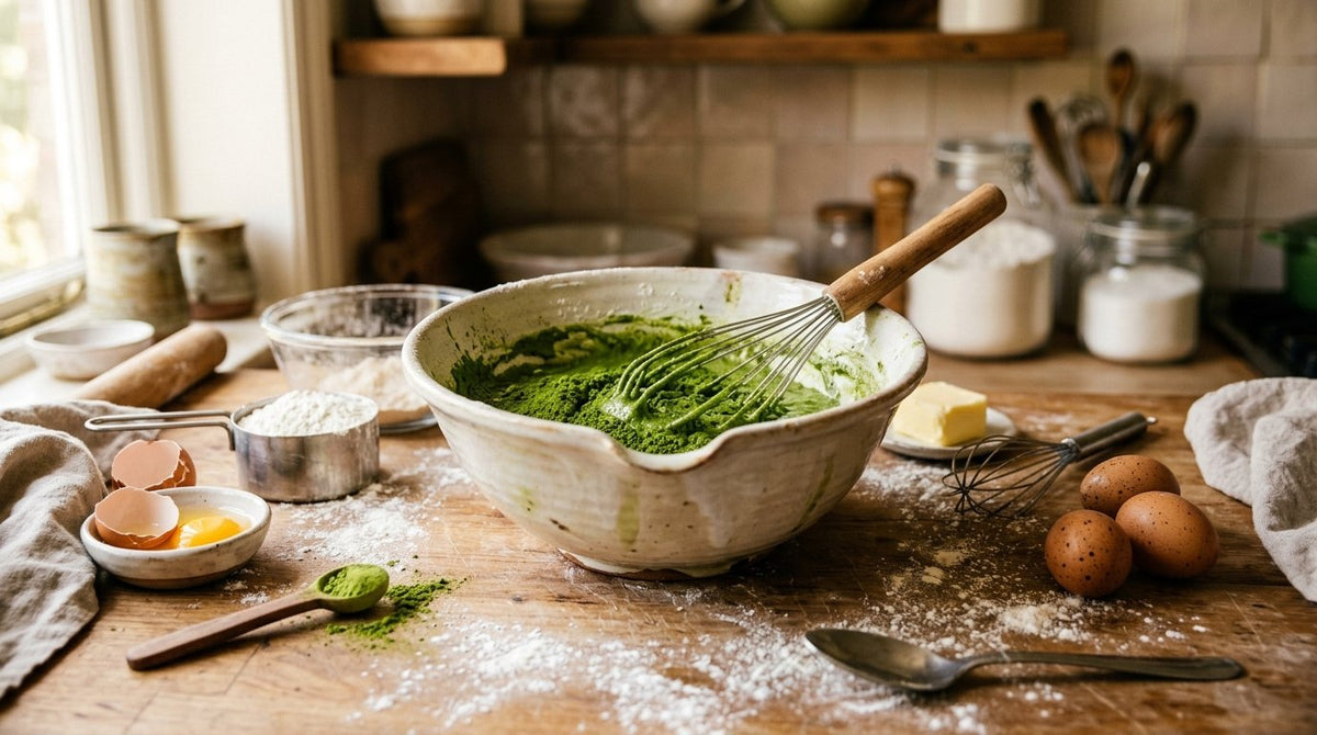 Bol de matcha en polvo verde intenso sobre encimera con harina, varillas y huevos