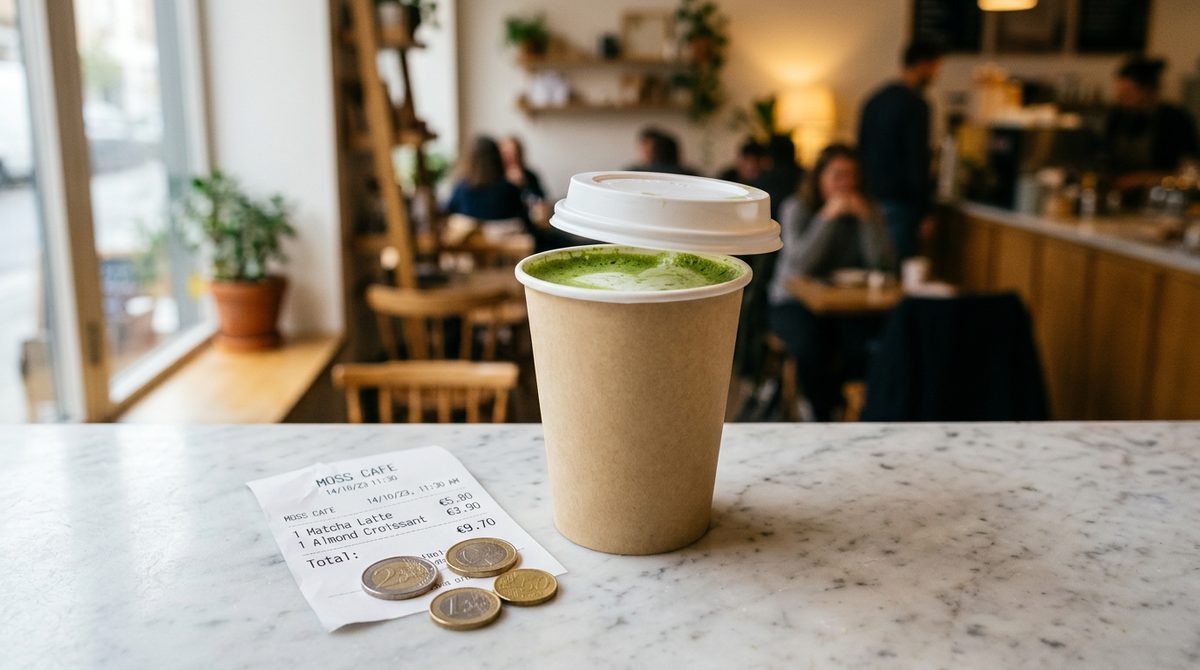 Matcha latte para llevar en vaso de cafeteria junto a un ticket y monedas de euro