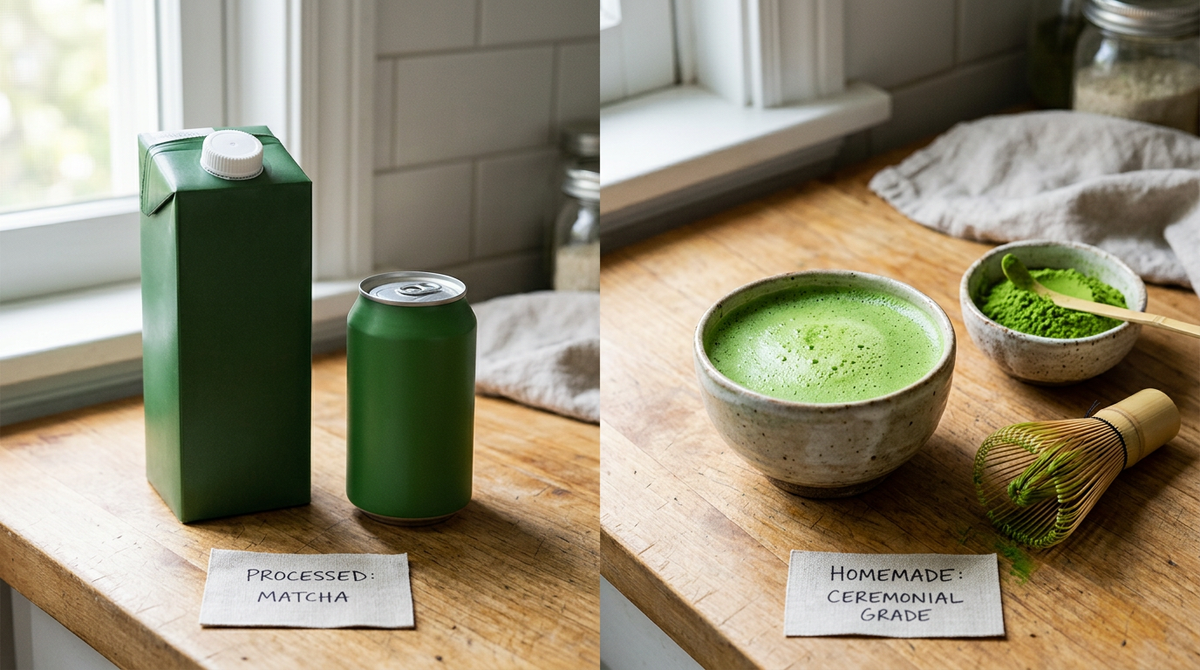 Bebidas de matcha de supermercado junto a un matcha latte recien batido en casa