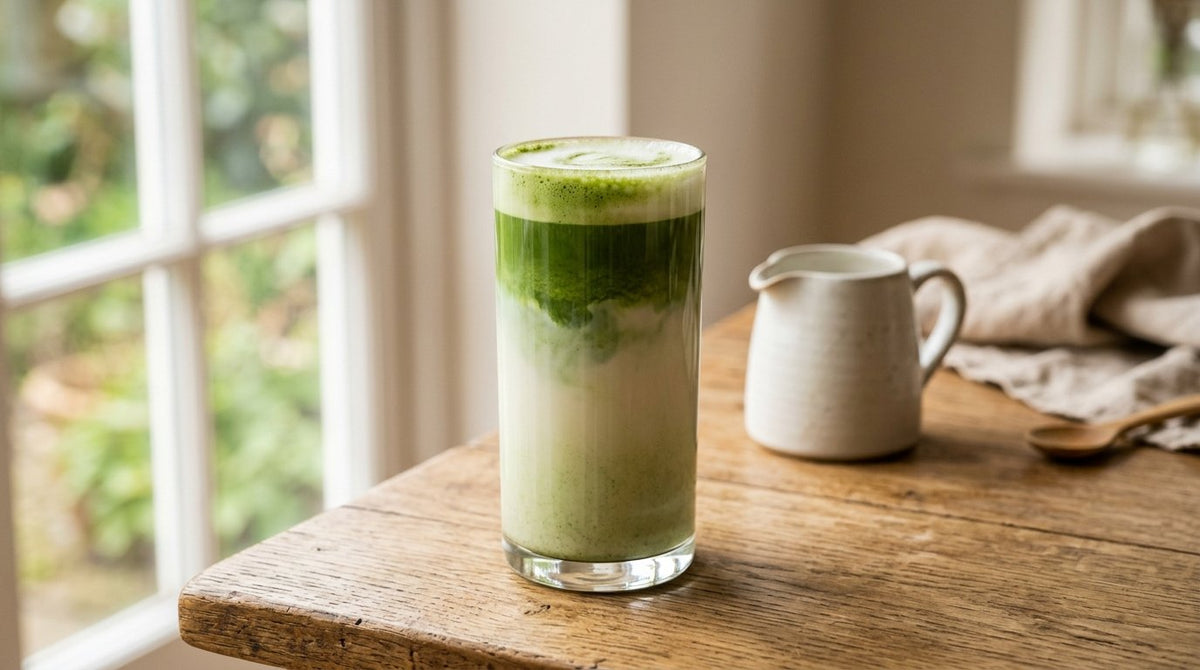 Vaso alto de matcha latte con la capa verde asentandose sobre la leche