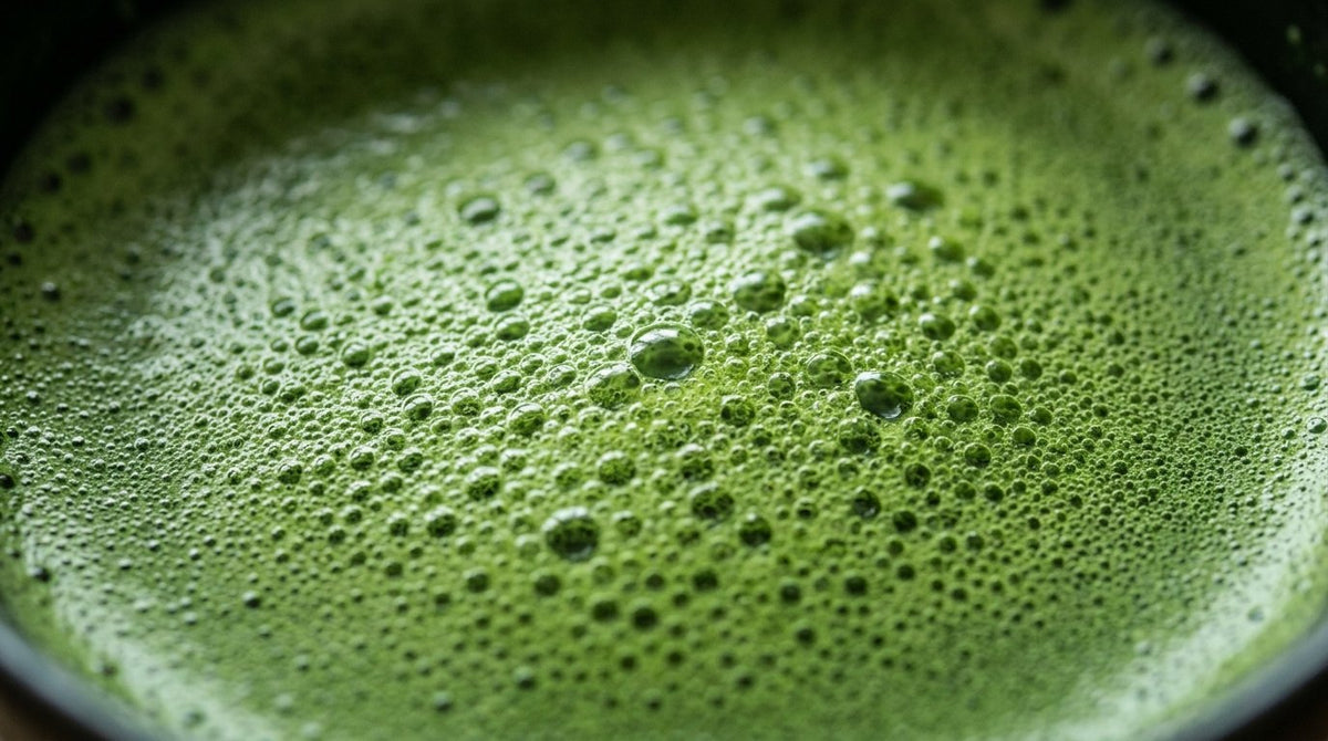 Primer plano de la espuma fina del matcha recien batido