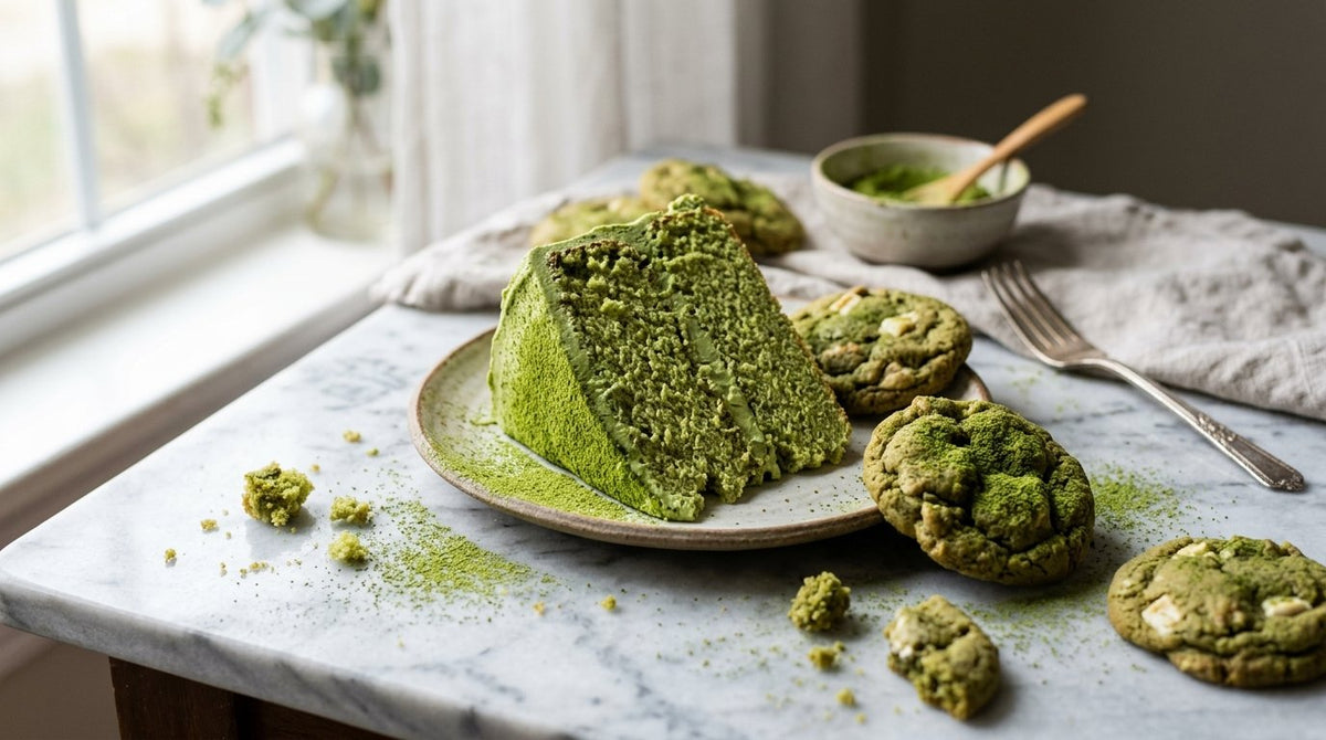 Bizcocho de matcha cortado y galletas verdes sobre una superficie de marmol claro