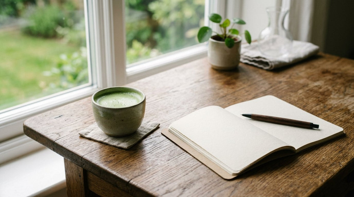 Taza de matcha junto a una libreta abierta sobre un escritorio con luz de manana