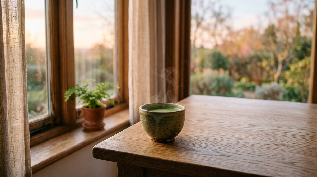 Taza de matcha caliente humeando sobre una mesa de madera junto a una ventana al amanecer
