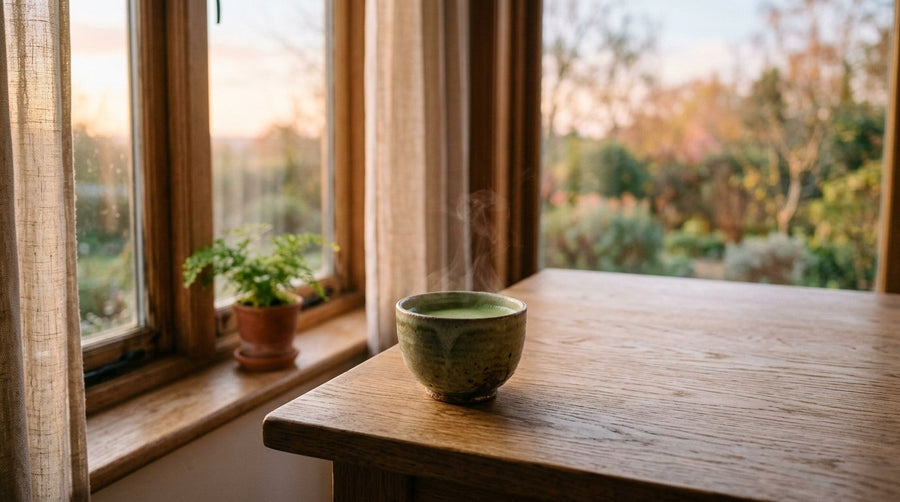Taza de matcha caliente humeando sobre una mesa de madera junto a una ventana al amanecer