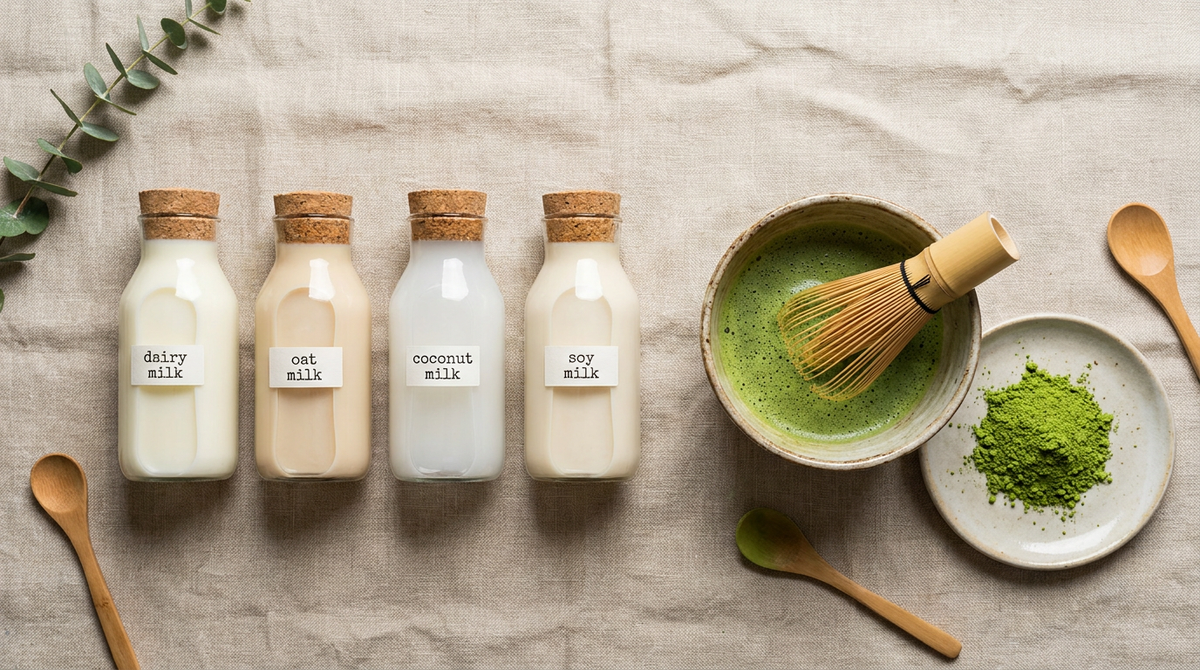 Cuatro tipos de leche junto a un bol de matcha con batidor de bambu chasen