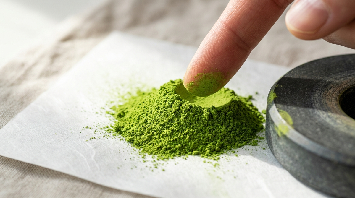 Polvo de matcha ceremonial verde intenso sobre papel blanco junto a una piedra de molino