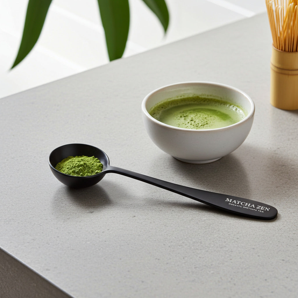 Cuchara medidora con polvo de matcha junto a bol y batidor chasen