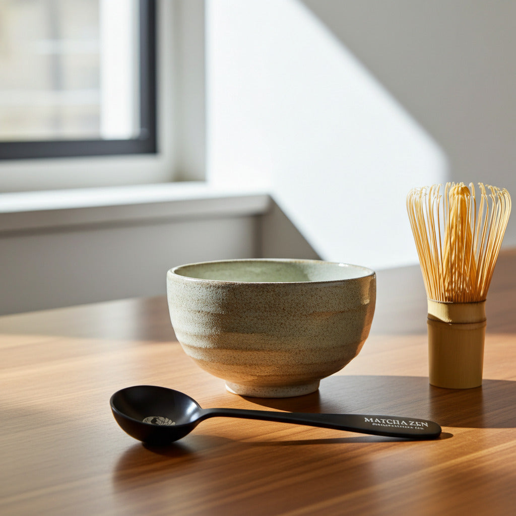 Set de matcha con chawan chasen y cuchara medidora Matcha Zen sobre mesa de madera