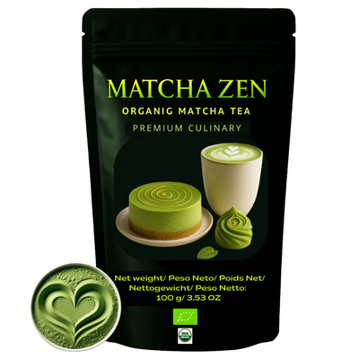 Té Matcha Ecológico 100gr de Matcha Zen para recetas culinarias y matcha lattes, calidad gourmet premium.