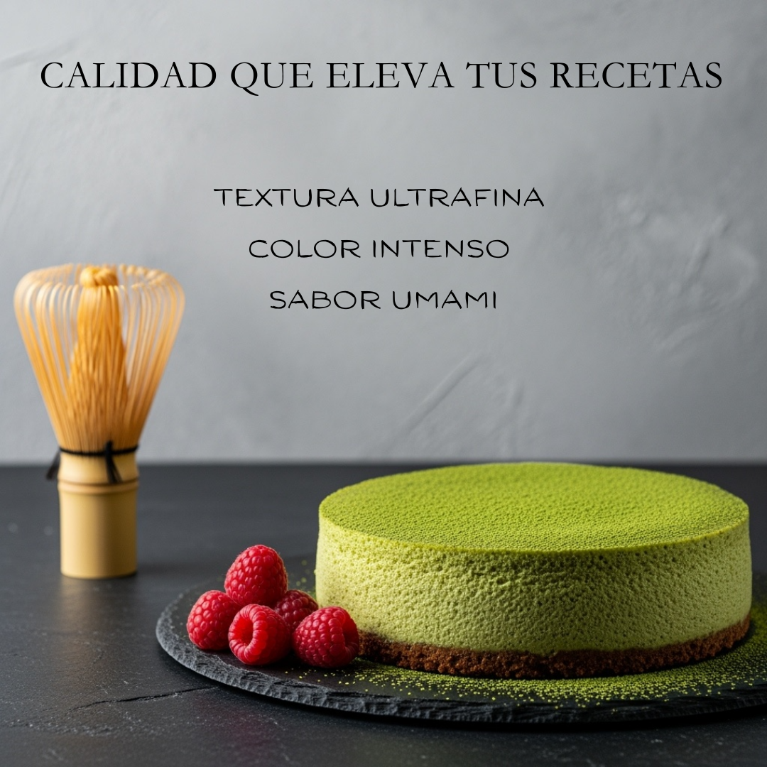 Tarta de matcha culinario con textura ultrafina color intenso y sabor umami