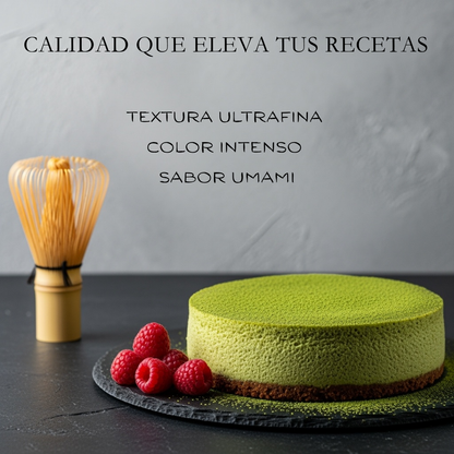 Tarta de matcha culinario con textura ultrafina color intenso y sabor umami